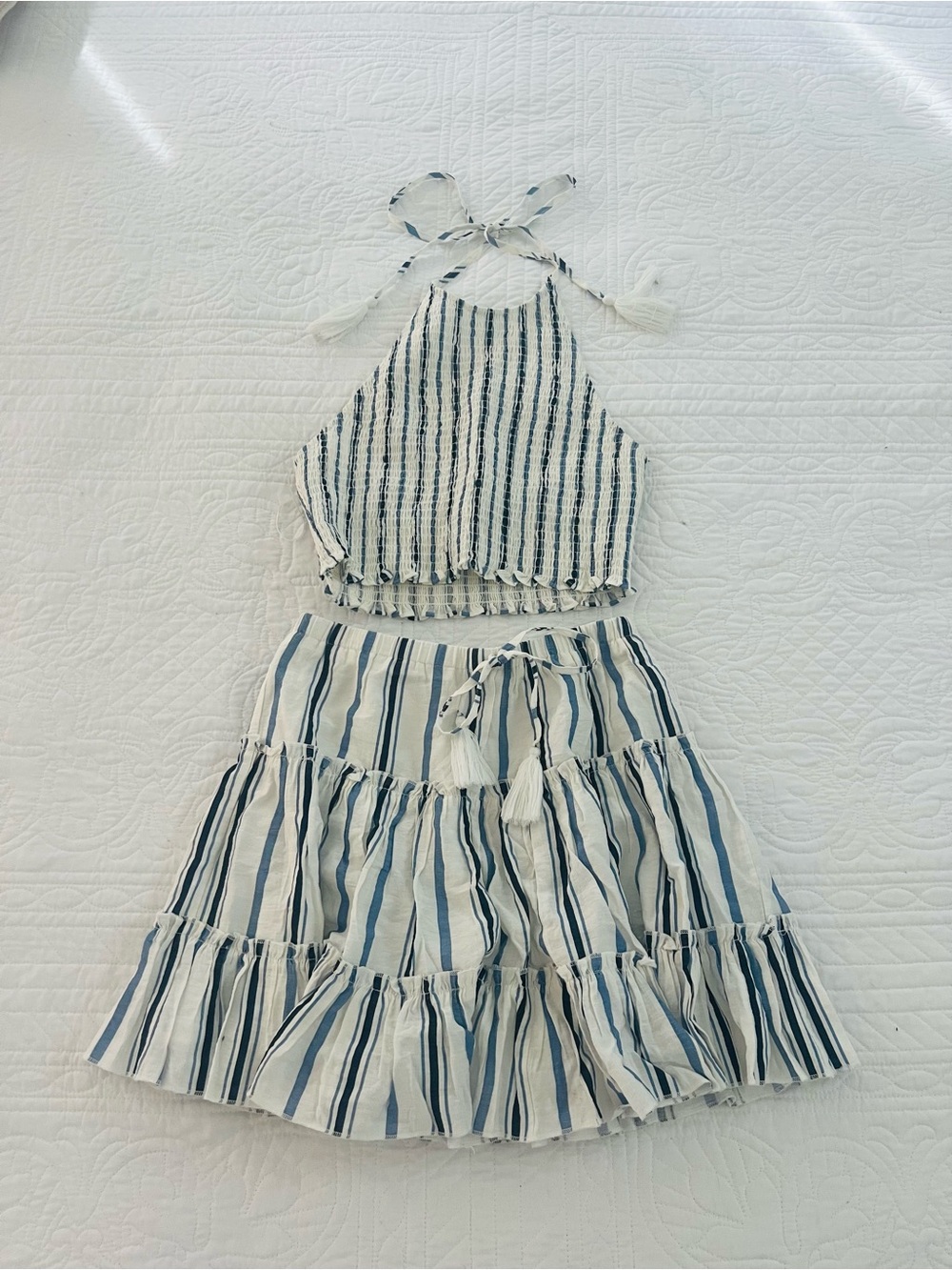 Girls Blue & White Striped Halter Top and Tiered Skirt Set